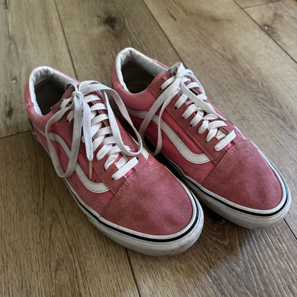 Pink and white Vans sneakers, lace up, suede tips, size 9.5 M or 11 W.